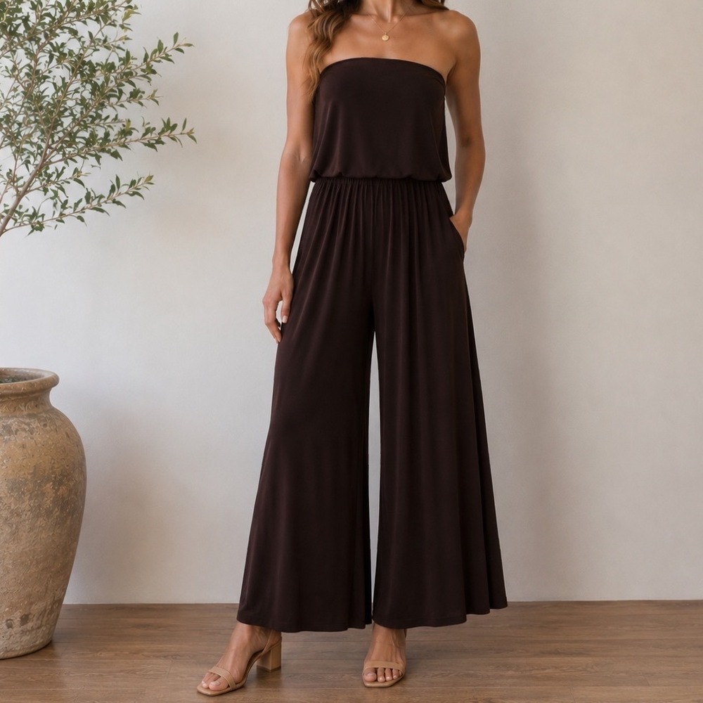 Vintage Y2K MSK Brown Strapless Palazzo Jumpsuit Wide Leg Made USA S Boho Party